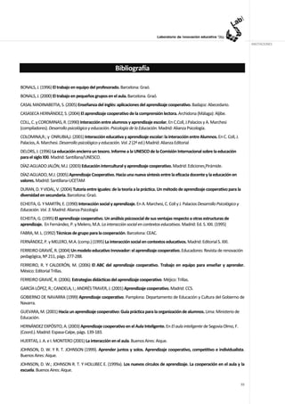 ANOTACIONES




                                                       Bibliografía

BONALS, J. (1996) El trabajo en equipo del profesorado. Barcelona: Graó.
BONALS, J. (2000) El trabajo en pequeños grupos en el aula. Barcelona. Graó.
CASAL MADINABEITIA, S. (2005) Enseñanza del inglés: aplicaciones del aprendizaje cooperativo. Badajoz: Abecedario.
CASASECA HERNÁNDEZ, S. (2004) El aprendizaje cooperativo de la comprensión lectora. Archidona (Málaga): Aljibe.
COLL, C. y COROMINAS, R. (1990) Interacción entre alumnos y aprendizaje escolar. En C.Coll, J.Palacios y A. Marchesi
(compiladores). Desarrollo psicológico y educación. Psicología de la Educación. Madrid: Alianza Psicología.
COLOMINA,R.; y ONRUBIA,J. (2001) Interacción educativa y aprendizaje escolar: la interacción entre Alumnos. En C. Coll, J.
Palacios, A. Marchesi. Desarrollo psicológico y educación. Vol. 2 (2ª ed.) Madrid: Alianza Editorial
DELORS, J. (1996) La educación encierra un tesoro. Informe a la UNESCO de la Comisión Internacional sobre la educación
para el siglo XXI. Madrid: Santillana/UNESCO.
DÍAZ-AGUADO JALÓN, M.J. (2003) Educación intercultural y aprendizaje cooperativo. Madrid: Ediciones Pirámide.
DÍAZ-AGUADO, M.J. (2005) Aprendizaje Cooperativo. Hacia una nueva síntesis entre la eficacia docente y la educación en
valores. Madrid: Santillana-UCETAM
DURAN, D. Y VIDAL, V. (2004) Tutoría entre iguales: de la teoría a la práctica. Un método de aprendizaje cooperativo para la
diversidad en secundaria. Barcelona: Graó.
ECHEITA, G. Y MARTÍN, E. (1990) Interacción social y aprendizaje. En A. Marchesi, C. Coll y J. Palacios Desarrollo Psicológico y
Educación. Vol. 3. Madrid: Alianza Psicología
ECHEITA; G. (1995) El aprendizaje cooperativo. Un análisis psicosocial de sus ventajas respecto a otras estructuras de
aprendizaje. En Fernández, P. y Melero, M.A. La interacción social en contextos educativos. Madrid: Ed. S. XXI. (1995)
FABRA, M. L. (1992) Técnicas de grupo para la cooperación. Barcelona: CEAC.
FERNÁNDEZ, P. y MELERO, M.A. (comp.) (1995) La interacción social en contextos educativos. Madrid: Editorial S. XXI.
FERREIRO GRAVIÉ, R. (2004) Un modelo educativo innovador: el aprendizaje cooperativo. Educadores: Revista de renovación
pedagógica, Nº 211, págs. 277-288.
FERREIRO, R. Y CALDERÓN, M. (2006) El ABC del aprendizaje cooperativo. Trabajo en equipo para enseñar y aprender.
México: Editorial Trillas.
FERREIRO GRAVIÉ, R. (2006). Estrategias didácticas del aprendizaje cooperativo. Méjico: Trillas.
GARCÍA LÓPEZ, R.; CANDELA, I.; ANDRÉS TRAVER, J. (2001) Aprendizaje cooperativo. Madrid: CCS.
GOBIERNO DE NAVARRA (1999) Aprendizaje cooperativo. Pamplona: Departamento de Educación y Cultura del Gobierno de
Navarra.
GUEVARA, M. (2001) Hacia un aprendizaje cooperativo: Guía práctica para la organización de alumnos. Lima: Ministerio de
Educación.
HERNÁNDEZ EXPÓSITO, A. (2003) Aprendizaje cooperativo en el Aula Inteligente. En El aula inteligente de Segovia Olmo, F.
(Coord.). Madrid: Espasa-Calpe, págs. 139-183.
HUERTAS, J. A. e I. MONTERO (2001) La interacción en el aula. Buenos Aires: Aique.
JOHNSON, D. W. Y R. T. JOHNSON (1999). Aprender juntos y solos. Aprendizaje cooperativo, competitivo e individualista.
Buenos Aires: Aique.
JOHNSON, D. W.; JOHNSON R. T. Y HOLUBEC E. (1999a). Los nuevos círculos de aprendizaje. La cooperación en el aula y la
escuela. Buenos Aires: Aique.

                                                                                                                                   93
 