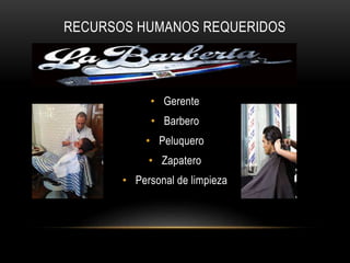 RECURSOS HUMANOS REQUERIDOS
• Gerente
• Barbero
• Peluquero
• Zapatero
• Personal de limpieza
 