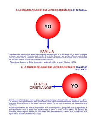 B. LA SEGUNDA RELACIÓN QUE USTED RE-ORIENTA ES CON SU FAMILIA.
Dios desea que la iglesia (su gran familia) viva la dimensión del cielo a través de su vida familiar aquí en la tierra. No importa
la situación que usted esté viviendo con cada miembro de su familia, Dios quiere que sus hijos reflejen la gracia de Dios
tanto en sus vidas como en sus familias. En consecuencia, piense que su testimonio, su fe, su vida, serán los instrumentos
que Dios usará para que los otros miembros de su familia le conozcan.
“Ellos dijeron: Cree en el Señor Jesucristo, y serás salvo, tú y tu casa.” (Hechos 16:31)
C. LA TERCERA RELACIÓN QUE USTED RE-ENFOCA ES CON OTROS
CRISTIANOS.
Esta relación nos habla de compañerismo. Lo que significa pasar tiempo y realizar actividades con otros que aman a Cristo.
Los cristianos, como brasas de fuego, arden cuando están juntos. Pero cuando están separados, el fuego del entusiasmo
desaparece, El compañerismo es vital para el crecimiento cristiano. Por esta razón, la asistencia a la iglesia es de suma
importancia.
“Mantengamos firme, sin fluctuar, la profesión de nuestra esperanza, porque fiel es el que prometió. Y
considerémonos unos a otros para estimularnos al amor y a las buenas obras; No dejando de
reunirnos, como algunos tienen por costumbre, sino exhortándonos; y tanto más, cuanto veis que
aquel día se acerca". (Hebreos 10:23-25)
 