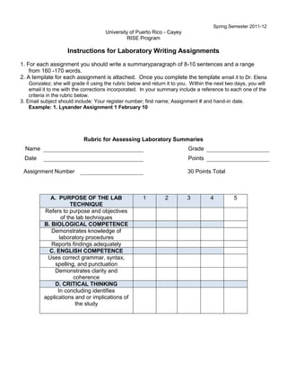 Spring Semester 2011-12
                                      University of Puerto Rico - Cayey
                                                RISE Program

                     Instructions for Laboratory Writing Assignments
1. For each assignment you should write a summaryparagraph of 8-10 sentences and a range
    from 160 -170 words.
2. A template for each assignment is attached. Once you complete the template email it to Dr. Elena
    Gonzalez; she will grade it using the rubric below and return it to you. Within the next two days, you will
    email it to me with the corrections incorporated. In your summary include a reference to each one of the
    criteria in the rubric below.
3. Email subject should include: Your register number; first name; Assignment # and hand-in date.
    Example: 1. Lysander Assignment 1 February 10




                            Rubric for Assessing Laboratory Summaries
  Name                                                                     Grade
 Date                                                                      Points

 Assignment Number                                                         30 Points Total



            A. PURPOSE OF THE LAB                      1         2         3         4          5
                      TECHNIQUE
          Refers to purpose and objectives
                  of the lab techniques
          B. BIOLOGICAL COMPETENCE
             Demonstrates knowledge of
                 laboratory procedures
             Reports findings adequately
            C. ENGLISH COMPETENCE
           Uses correct grammar, syntax,
              spelling, and punctuation
              Demonstrates clarity and
                        coherence
              D. CRITICAL THINKING
                In concluding identifies
          applications and or implications of
                         the study
 