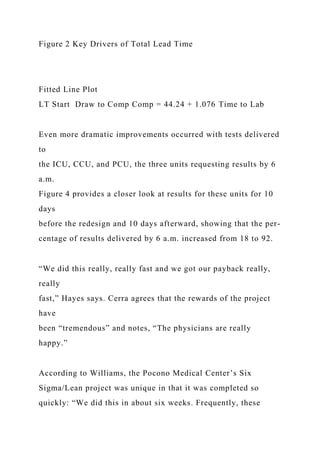 Figure 2 Key Drivers of Total Lead Time
Fitted Line Plot
LT Start Draw to Comp Comp = 44.24 + 1.076 Time to Lab
Even more dramatic improvements occurred with tests delivered
to
the ICU, CCU, and PCU, the three units requesting results by 6
a.m.
Figure 4 provides a closer look at results for these units for 10
days
before the redesign and 10 days afterward, showing that the per-
centage of results delivered by 6 a.m. increased from 18 to 92.
“We did this really, really fast and we got our payback really,
really
fast,” Hayes says. Cerra agrees that the rewards of the project
have
been “tremendous” and notes, “The physicians are really
happy.”
According to Williams, the Pocono Medical Center’s Six
Sigma/Lean project was unique in that it was completed so
quickly: “We did this in about six weeks. Frequently, these
 