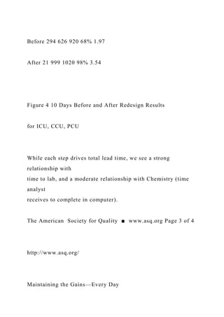 Before 294 626 920 68% 1.97
After 21 999 1020 98% 3.54
Figure 4 10 Days Before and After Redesign Results
for ICU, CCU, PCU
While each step drives total lead time, we see a strong
relationship with
time to lab, and a moderate relationship with Chemistry (time
analyst
receives to complete in computer).
The American Society for Quality ■ www.asq.org Page 3 of 4
http://www.asq.org/
Maintaining the Gains—Every Day
 
