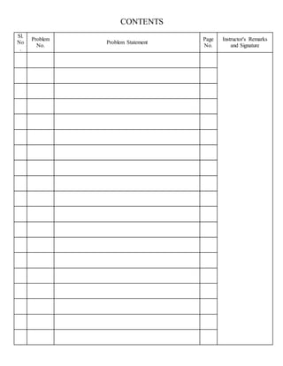 CONTENTS
Sl.
No
.
Problem
No.
Problem Statement
Page
No.
Instructor's Remarks
and Signature
 