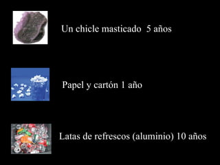 Un chicle masticado 5 años




Papel y cartón 1 año




Latas de refrescos (aluminio) 10 años
 