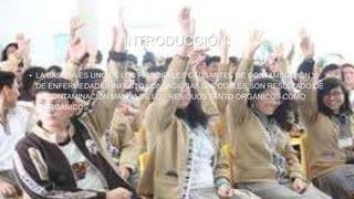 INTRODUCCIÓN:
• LA BASURA ES UNO DE LOS PRINCIPALES CAUSANTES DE CONTAMINACIÓN Y
DE ENFERMEDADES INFECTO CONTAGIOSAS LAS CUALES SON RESULTADO DE
LA CONTAMINACIÓN MASIVA DE LOS RESIDUOS TANTO ORGÁNICOS COMO
INORGÁNICOS.
 