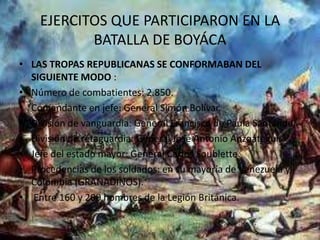 EJERCITOS QUE PARTICIPARON EN LA
BATALLA DE BOYÁCA
• LAS TROPAS REPUBLICANAS SE CONFORMABAN DEL
SIGUIENTE MODO :
• Número de combatientes: 2.850.
• Comandante en jefe: General Simón Bolívar.
• División de vanguardia: General Francisco de Paula Santander.
• División de retaguardia: General José Antonio Anzoátegui.
• Jefe del estado mayor: General Carlos Soublette.
• Procedencias de los soldados: en su mayoría de Venezuela y
Colombia (GRANADINOS).
• Entre 160 y 200 hombres de la Legión Británica.
 