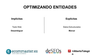 OPTIMIZANDO ENTIDADES 
Implícitas Explícitas 
Texto Web Datos Estructurados 
Desambiguar Marcar 
+AlbertoTalegó 
n 
 