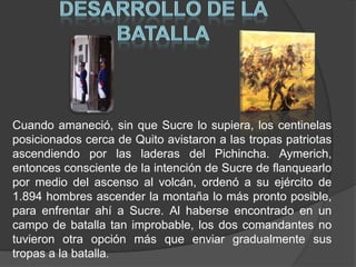 DESARROLLO DE LA BATALLACuando amaneció, sin que Sucre lo supiera, los centinelas posicionados cerca de Quito avistaron a las tropas patriotas ascendiendo por las laderas del Pichincha. Aymerich, entonces consciente de la intención de Sucre de flanquearlo por medio del ascenso al volcán, ordenó a su ejército de 1.894 hombres ascender la montaña lo más pronto posible, para enfrentar ahí a Sucre. Al haberse encontrado en un campo de batalla tan improbable, los dos comandantes no tuvieron otra opción más que enviar gradualmente sus tropas a la batalla. 