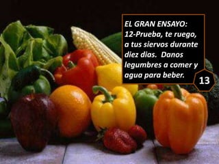 EL GRAN ENSAYO:
12-Prueba, te ruego,
a tus siervos durante
diez dias. Danos
legumbres a comer y
agua para beber.
13
 