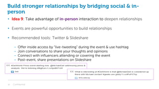 Build stronger relationships by bridging social & in-
person
• Idea 9: Take advantage of in-person interaction to deepen relationships
• Events are powerful opportunities to build relationships
• Recommended tools: Twitter & Slideshare
– Offer inside access by “live-tweeting” during the event & use hashtag
– Join conversations to share your thoughts and opinions
– Connect with influencers attending or covering the event
– Post-event, share presentations on Slideshare
Confidential19
 
