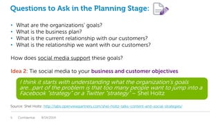 Questions to Ask in the Planning Stage:
• What are the organizations’ goals?
• What is the business plan?
• What is the current relationship with our customers?
• What is the relationship we want with our customers?
How does social media support these goals?
Idea 2: Tie social media to your business and customer objectives
Confidential9 8/14/2014
I think it starts with understanding what the organization’s goals
are…part of the problem is that too many people want to jump into a
Facebook “strategy” or a Twitter “strategy” – Shel Holtz
Source: Shel Holtz: http://labs.openviewpartners.com/shel-holtz-talks-content-and-social-strategies/
 