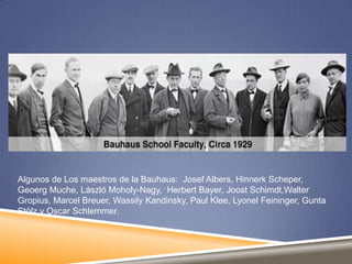 Algunos de Los maestros de la Bauhaus: Josef Albers, Hinnerk Scheper,
Geoerg Muche, László Moholy-Nagy, Herbert Bayer, Joost Schimdt,Walter
Gropius, Marcel Breuer, Wassily Kandinsky, Paul Klee, Lyonel Feininger, Gunta
Stölz y Oscar Schlemmer.

 