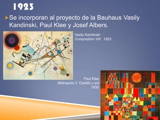 1923
Se incorporan al proyecto de la Bauhaus Vasily

Kandinski, Paul Klee y Josef Albers.
Vasily Kandinski
Composition VIII  1923

Paul Klee
Metropolis 2. Castillo y sol
1930

 