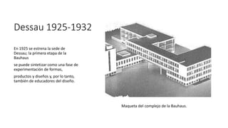Dessau 1925-1932
En 1925 se estrena la sede de
Dessau; la primera etapa de la
Bauhaus
se puede sintetizar como una fase de
experimentación de formas,
productos y diseños y, por lo tanto,
también de educadores del diseño.
Maqueta del complejo de la Bauhaus.
 