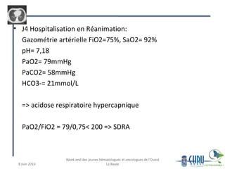 • J4 Hospitalisation en Réanimation:
Gazométrie artérielle FiO2=75%, SaO2= 92%
pH= 7,18
PaO2= 79mmHg
PaCO2= 58mmHg
HCO3-= 21mmol/L
=> acidose respiratoire hypercapnique
PaO2/FiO2 = 79/0,75< 200 => SDRA
 