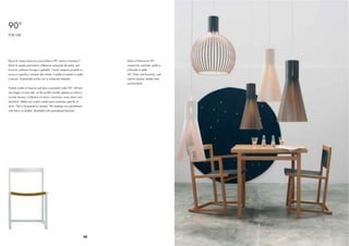 90°
FOR USE




Barre di rovere massiccio raccordate a 90° vanno a formare il                  Sedia e Poltroncina 90°,
telaio di questa particolare collezione composta da sedia, pol-                rovere tinto naturale, sedile e
troncina, poltrona lounge e sgabello. I tavoli vengono prodotti su             schienale in pelle
misura e speciﬁca richiesta del cliente. Il sedile è rivestito in pelle        90° Chair and Armchair, oak
o tessuto. Disponibile anche con lo schienale imbottito.                       natural stained, leather seat
                                                                               and backrest
Frames made of massive oak bars connected under 90°. All bars
are longer on one side, so the proﬁle visually appears to have a
circular tension. Collection of chairs, armchairs, easy chairs and
barstools. Tables are custom made upon customers speciﬁc in-
quiry. Oak is lacquered or stained. The seatings are upholstered
with fabric or leather. Available with upholstered backrest.




                                                                          20
 
