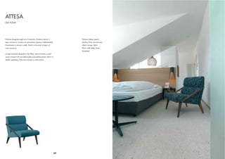 ATTESA
GIO PONTI




Poltrona disegnata negli anni Cinquanta. Struttura interna in           Poltrona Attesa, tessuto
legno massiccio rivestito con poliuretano espanso indeformabile.        Tavolino Flora, laccato nero
Rivestimento in tessuto o pelle. Piedini e braccioli in legno di        Attesa Lounge, fabric
noce massiccio.                                                         Flora Coffe Table, black
                                                                        lacquered
Lounge armchair designed in the ﬁfties. Internal frame in solid
wood covered with non-deformable polyurethane foam, fabric or
leather upholstery. Feet and armrests in solid walnut.




                                                                   62
 