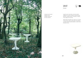 SPLIT
                                  FOR USE




Tavolo Split, colore standard     Lampada e tavolo, il tavolo Split si può anche accendere.
Sedia Riva, laccata               Cablaggi minimi, facilità di installazione e design essenziale.
Split Table, standard colour      Realizzato in polietilene stampato a rotazionale, un materiale
Riva Chair, lacquered             robusto e leggero allo stesso tempo.


                                  Table and light, the Split table is also a light source. An absolute
                                  minimum of wiring, simple to install, of clean and versatile desi-
                                  gn. Made of rotational moulded polyethilene, a material which is
                                  both light and robust.




                                127
 