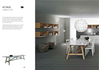 ACHILLE
P. ARMENISE & S. NERBI




Un tavolo progettato pensando alla gente che ai tavoli è seduta,              Tavolo Achille, marmo bianco
non la gente in generale, ma quella parte particolare di gente                Sedia Livia, laccato bianco
che intorno a un tavolo si siede per mangiare e condividere                   Achille Table, white marble
storie di vita. Struttura in legno massiccio di frassino tinto. Piano         Livia Chair, white lacquered
in marmo bianco di Carrara.


A table designed with people sitting at table in mind, not people
in general, but that special group of people who sit around a
table to eat and share stories of their life experiences. Frame in
stained and solid ash wood. Top in white Carrara marble.




                                                                        128
 