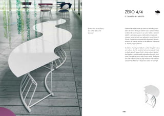 ZERO 4/4
                                  E. CALABRESE & F. MELIOTA




Tavolino Zero, laccato bianco     Collezione di sedute e tavoli per vivere con disinvoltura spazi
Zero Coffee Table, white          esterni ed interni. Ideale per ambienti casa e contract. Struttura
lacquered                         in tubolare di acciaio laccato in vari colori. Seduta e schienale
                                  imbottiti in poliuretano espanso indeformabile e rivestimento
                                  in tessuto. I piani dei tavoli sono realizzati in marmo bianco di
                                  Carrara. Caratteristica principale della collezione è l’altissima
                                  resistenza dei materiali utilizzati sia alle differenze di temperatu-
                                  ra, che alla pioggia e alla luce.


                                  A collection of seating and tables for carefree living both indoors
                                  and outdoors, ideal for residential and contract projects. Frame
                                  in tubular steel with lacquer ﬁnish in various colours. Seat and
                                  back padded in non-deformable polyurethane foam with fabric
                                  covers. The table tops are in white Carrara marble. The key fea-
                                  ture of the collection is the very high resistance of the materials
                                  used, both to differences in temperature and to rain and light.




                                133
 