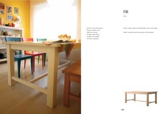 FIR
                                     S.T.L.




Tavolo Fir, tinto anilina bianca     Tavolo in legno massiccio di abete trattato a cera o tinto anilina.
Panca Fir, trattata a cera
Sedia Livia, laccata                 Table in massive ﬁr wood wax stained or aniline stained.
Fir Table, white stained
Fir Bench, wax stained
Livia chair, lacquered




                                   139
 