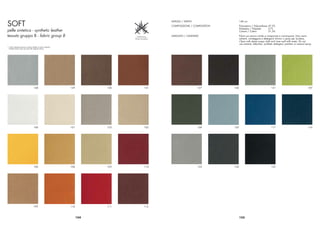 SOFT
                                                                                           ALTEZZA / WIDTH                    140 cm
                                                                                           COMPOSIZIONE / COMPOSITION         Poliuretano / Polyurethane 47,5%
                                                                                                                              Poliestere / Polyester     21%
pelle sintetica - synthetic leather                                                                                           Cotone / Cotton            31,5%
tessuto gruppo B - fabric group B                                                          LAVAGGIO / CLEANING                Pulire con panno umido e insaponato e risciacquare. Non usare
                                                                                                                              solventi, candeggine e detergenti chimici o spray per lucidare.
                                                                                                                              Clean with damp soapy cloth and rinse well with water. Do not
                                                                                                                              use solvents, bleaches, synthetic detergent, polishes or areosol spray.
* I colori stampati possono variare rispetto ai colori originali
  Printed colours may vary from the original colours




                                       128                         129         130   131                     127        126                                  121                                 107




                                       100                         101         123   102                     109        120                                  117                                 116




                                       106                         104         103   114                     122        124                                  125




                                       105                         110         111   115



                                                                         154                                                  155
 