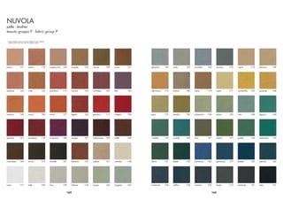 NUVOLA
pelle - leather
tessuto gruppo P - fabric group P

* I colori stampati possono variare rispetto ai colori originali
  Printed colours may vary from the original colours




pesca                 151           antico                116      cappuccino   123   noisette   130   visone      190   cuoio      131   ghiaccio    163   creta     159   lavanda      146   acciaio    120   cipria      173   banana      169




salmone               156           cotto                 152      portoﬁno     115   verona     155   orchidea    187   lilla      102   albicocca   170   tortora   180   siena        174   cedro      171   camomilla   192   girasole    148




arancio               149           zucca                 184      minio        157   tegola     160   geranio     113   ciliegia   186   pera        172   bambù     182   pistacchio   166   salvia     143   ruta        168   laguna      144




granato               161           bordeaux              110      ciclamino    188   prugna     107   melanzana   185   caffè      189   cristallo   133   caraibi   136   timo         181   menta      191   giada       134   malachite   135




cioccolato           140            bruno                 175      moretto      147   tabacco    137   sabbia      121   camelia    158   alloro      127   abete     128   provenza     145   genziana   177   bluette     105   petrolio    162




neve                  117           latte                 195      lino         179   lichene    118   acqua       165   niagara    167   anemone     104   zafﬁro    154   oceano       103   beola      112   antracite   141   nero        101


                                                                                  162                                                                                                      163
 