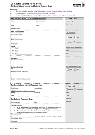 Lab booking request form 20102223 | PDF | Technology & Computing