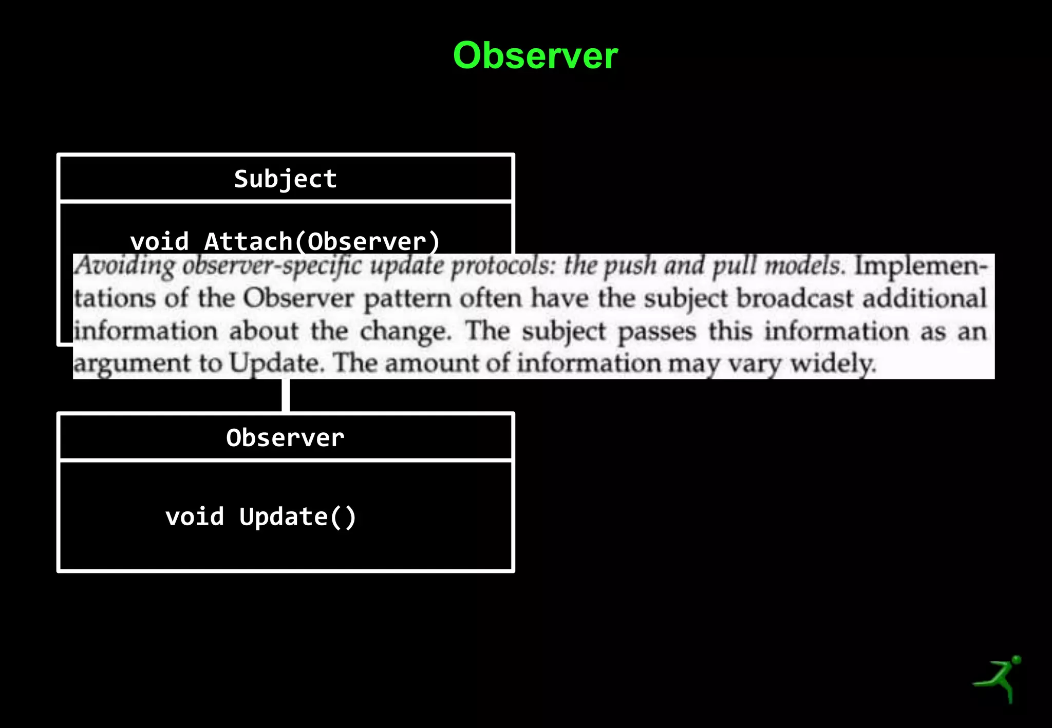 20
Observer
Subject
void Attach(Observer)
void Detach(Observer)
Notify()
Observer
void Update()
 