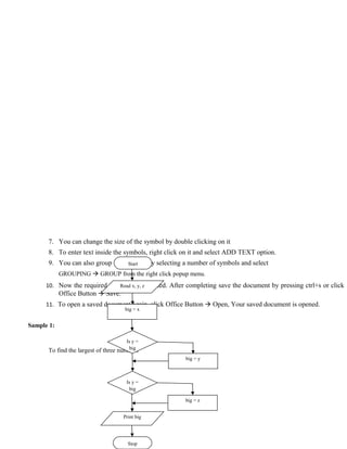 7. You can change the size of the symbol by double clicking on it
      8. To enter text inside the symbols, right click on it and select ADD TEXT option.
      9. You can also group the symbols by selecting a number of symbols and select
                                  Start

            GROUPING  GROUP from the right click popup menu.
      10. Now the required flow charty, z created. After completing save the document by pressing ctrl+s or click
                               Read x, is
          Office Button  Save.
      11. To open a saved document again, click Office Button  Open, Your saved document is opened.
                                        big = x


Sample 1:

                                        Is y =
                                         big
      To find the largest of three   numbers
                                                        big = y



                                         Is y =
                                          big

                                                        big = z


                                       Print big




                                         Stop
 