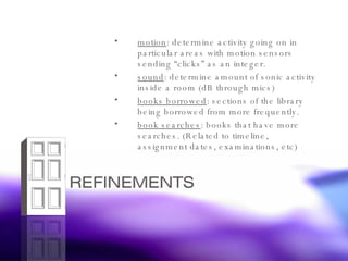 motion : determine activity going on in particular areas with motion sensors sending “clicks” as an integer. sound : determine amount of sonic activity inside a room (dB through mics) books borrowed : sections of the library being borrowed from more frequently. book searches : books that have more searches. (Related to timeline, assignment dates, examinations, etc) 