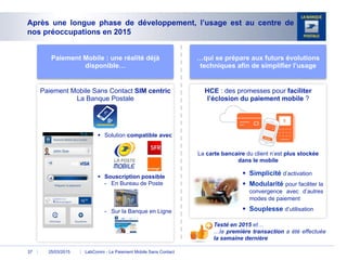 Paiement Mobile Sans Contact SIM centric
La Banque Postale
HCE : des promesses pour faciliter
l’éclosion du paiement mobile ?
§  Simplicité d’activation
§  Modularité pour faciliter la
convergence avec d’autres
modes de paiement
§  Souplesse d’utilisation
La carte bancaire du client n’est plus stockée
dans le mobile
§  Solution compatible avec
§  Souscription possible
-  En Bureau de Poste
-  Sur la Banque en Ligne
Testé en 2015 et…
…la première transaction a été effectuée
la semaine dernière
Paiement Mobile : une réalité déjà
disponible…
…qui se prépare aux futurs évolutions
techniques afin de simplifier l’usage
25/03/2015 LabComm - Le Paiement Mobile Sans Contact37
Après une longue phase de développement, l’usage est au centre de
nos préoccupations en 2015
 