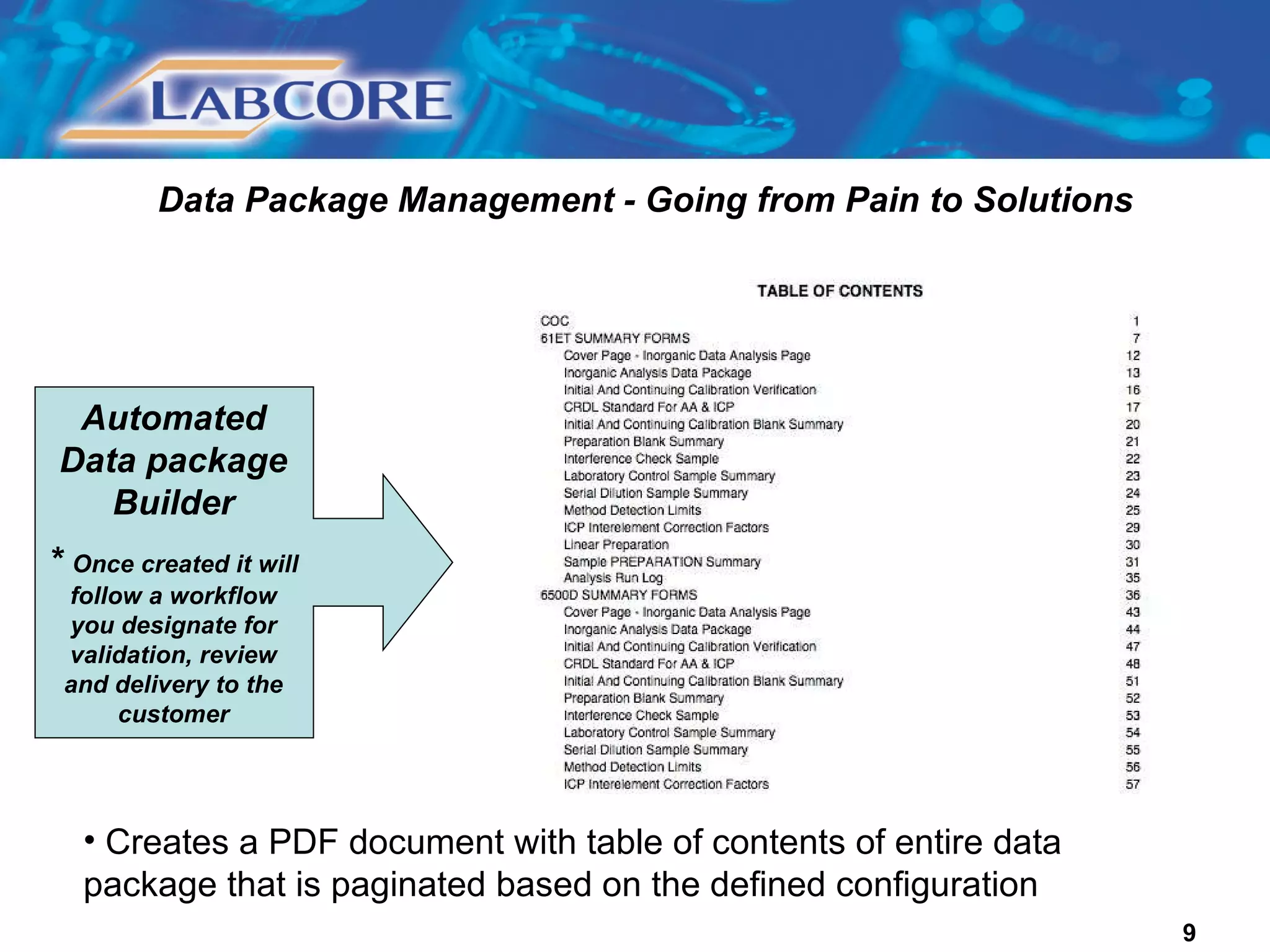 Data Package Management - Going from Pain to Solutions Automated Data package Builder *  Once created it will follow a workflow you designate for validation, review and delivery to the customer Creates a PDF document with table of contents of entire data package that is paginated based on the defined configuration 