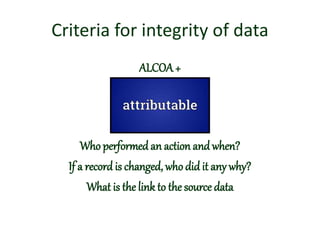 Criteria for integrity of data
ALCOA+
Who performed an action and when?
If a record is changed, whodid it any why?
What is the link to the source data
 