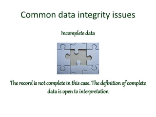 Common data integrity issues
Incomplete data
The recordis not complete in this case. The definition of complete
data is open to interpretation
 