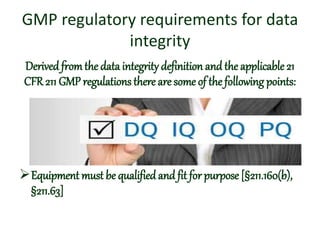 GMP regulatory requirements for data
integrity
Derived fromthe data integrity definition and the applicable 21
CFR 211 GMP regulations there are some of the following points:
Equipment must be qualifiedand fit for purpose [§211.160(b),
§211.63]
 