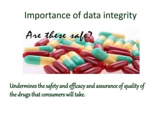 Importance of data integrity
Undermines the safety and efficacy and assurance of quality of
the drugs that consumers will take.
 