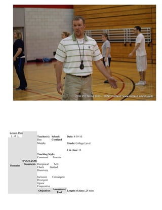 Lesson Plan
 1 of 1             Teacher(s): School:     Date: 4-19-10
                    Dan         Cortland
                    Murphy                  Grade: College Level

                                            # in class: 18
                    Teaching Style:
                    Command      Practice
        NYS/NASPE
         Standards Reciprocal    Self-
Domains
                   Check      Guided
                   Discovery

                    Inclusion   Convergent
                    Divergent
                    Jigsaw
                    Cooperative
                                Assessment
                     Objectives            Length of class: 25 mins
                                   Tool
 