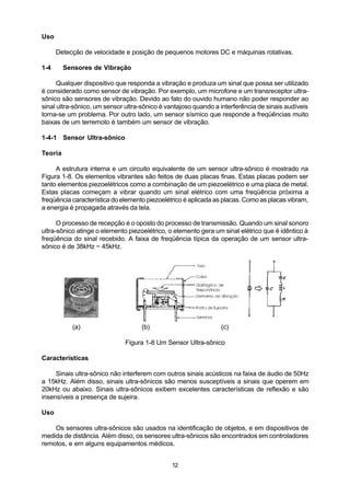 Uso

      Detecção de velocidade e posição de pequenos motores DC e máquinas rotativas.

1-4      Sensores de Vibração

      Qualquer dispositivo que responda a vibração e produza um sinal que possa ser utilizado
é considerado como sensor de vibração. Por exemplo, um microfone e um transreceptor ultra-
sônico são sensores de vibração. Devido ao fato do ouvido humano não poder responder ao
sinal ultra-sônico, um sensor ultra-sônico é vantajoso quando a interferência de sinais audíveis
torna-se um problema. Por outro lado, um sensor sísmico que responde a freqüências muito
baixas de um terremoto é também um sensor de vibração.

1-4-1 Sensor Ultra-sônico

Teoria

     A estrutura interna e um circuito equivalente de um sensor ultra-sônico é mostrado na
Figura 1-8. Os elementos vibrantes são feitos de duas placas finas. Estas placas podem ser
tanto elementos piezoelétricos como a combinação de um piezoelétrico e uma placa de metal.
Estas placas começam a vibrar quando um sinal elétrico com uma freqüência próxima a
freqüência característica do elemento piezoelétrico é aplicada as placas. Como as placas vibram,
a energia é propagada através da tela.

      O processo de recepção é o oposto do processo de transmissão. Quando um sinal sonoro
ultra-sônico atinge o elemento piezoelétrico, o elemento gera um sinal elétrico que é idêntico à
freqüência do sinal recebido. A faixa de freqüência típica da operação de um sensor ultra-
sônico é de 38kHz ~ 45kHz.




           (a)                     (b)                          (c)

                              Figura 1-8 Um Sensor Ultra-sônico

Características

     Sinais ultra-sônico não interferem com outros sinais acústicos na faixa de áudio de 50Hz
a 15kHz. Além disso, sinais ultra-sônicos são menos susceptíveis a sinais que operem em
20kHz ou abaixo. Sinais ultra-sônicos exibem excelentes características de reflexão e são
insensíveis a presença de sujeira.

Uso

    Os sensores ultra-sônicos são usados na identificação de objetos, e em dispositivos de
medida de distância. Além disso, os sensores ultra-sônicos são encontrados em controladores
remotos, e em alguns equipamentos médicos.


                                              12
 