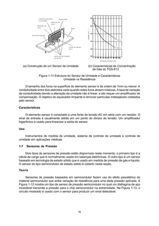 (a) Construção de um Sensor de Umidade             (b) Características de Concentração
                                                          de Gás do TGS-813

               Figura 1-11 Estrutura do Sensor de Umidade e Características
                                  Umidade vs Resistência

     O tamanho dos furos na superfície do elemento sensor é da ordem de 1mm ou menor. A
condutividade entre dois eletrodos varia quando estes furos atraem misturas. A taxa de variação
da condutividade devido a alteração da umidade não é linear, e isto requer um amplificador de
compensação. O objetivo do aquecedor limpante é remover partículas indesejáveis coletados
pelo sensor.

Características

     O elemento sensor é conectado a uma fonte de tensão AC em série com um resistor. O
sinal de entrada é usualmente obtido em um ponto do divisor de tensão. Um amplificador
logarítmico é usado para linearizar a saída do sensor.

Uso

    Instrumentos de medida de umidade, sistema de controle de umidade e controle de
umidade em aplicações médicas.

1-7   Sensores de Pressão

     Dois tipos de sensores de pressão estão disponíveis neste momento: o primeiro tipo é a
célula de carga que é normalmente usada em balanças eletrônicas. O outro tipo é um sensor
baseado em tecnologia de estado sólido que é usado em medida de pressão de gás e líquido.
O sensor do tipo semicondutor de estado sólido é coberto nesta seção.

Teoria

     Sensores de pressão baseados em semicondutor fazem uso do efeito piezelétrico do
material semicondutor que exibe variação de resistência para uma dada pressão aplicada. A
Figura 1-12 mostra um tipo de sensor de pressão semicondutor no qual um diafragma de aço
inoxidável transmite a pressão para o chip semicondutor na extremidade. Na Figura 1-13, o
circuito mostrado é usado com o sensor para produzir um sinal detectável.




                                              15
 