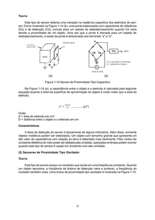 Teoria

     Este tipo de sensor detecta uma variação na reatância capacitiva dos eletrodos do sen-
sor. Como mostrado na Figura 1-14 (b), uma ponte balanceada com capacitores de referência
(Cs) e de detecção (Cd), comuta para um estado de desbalanceamento quando Cd varia
devido a proximidade de um objeto. Uma vez que a ponte é drenada para um estado de
desbalanceamento, a saída da ponte é direcionada aos terminais “a” e “b”.




                        (a)                                         (b)

                     Figura 1-14 Sensor de Proximidade Tipo Capacitivo

      Na Figura 1-14 (a), a capacitância entre o objeto e o eletrodo é calculada pela seguinte
equação quando a área da superfície de aproximação do objeto é muito maior que a área do
eletrodo.


                                     0.57A
                                C=     D ................(pF)

Onde:
A = área do eletrodo em cm2
D = distância entre o objeto e o eletrodo em cm

Características

      A faixa de detecção do sensor é tipicamente de alguns milímetros. Além disso, somente
objetos metálicos podem ser detectados. Um objeto com tamanho grande que apresente um
alto valor de capacitância com relação ao terra é detectado mais facilmente. Pelo motivo da
constante dielétrica do meio poder ser afetada pela umidade, operações errôneas podem ocorrer
quando este tipo de sensor é usado em ambiente com alta umidade.

(2) Sensores de Proximidade Tipo Oscilador

Teoria

     Este tipo de sensor possui um oscilador que oscila em uma freqüência constante. Quando
um objeto aproxima, a indutância da bobina de detecção varia e portanto, a freqüência do
oscilador também varia. Uma chave de proximidade tipo oscilador é mostrada na Figura 1-15.




                                                17
 