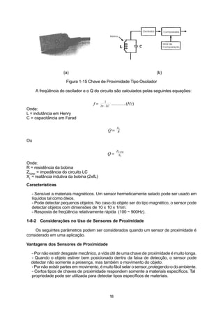 (a)                                                  (b)

                      Figura 1-15 Chave de Proximidade Tipo Oscilador

     A freqüência do oscilador e o Q do circuito são calculados pelas seguintes equações:

                                             1
                                     f=    2o LC
                                                   .............(Hz)
Onde:
L = indutância em Henry
C = capacitância em Farad

                                                        XL
                                               Q=       R

Ou

                                                        ZTANK
                                              Q=         XL

Onde:
R = resistência da bobina
ZTANK = impedância do circuito LC
XL = reatância indutiva da bobina (2πfL)

Características

  - Sensível a materiais magnéticos. Um sensor hermeticamente selado pode ser usado em
  líquidos tal como óleos.
  - Pode detectar pequenos objetos. No caso do objeto ser do tipo magnético, o sensor pode
  detectar objetos com dimensões de 10 x 10 x 1mm.
  - Resposta de freqüência relativamente rápida (100 ~ 900Hz).

1-8-2 Considerações no Uso de Sensores de Proximidade

    Os seguintes parâmetros podem ser considerados quando um sensor de proximidade é
considerado em uma aplicação.

Vantagens dos Sensores de Proximidade

  - Por não existir desgaste mecânico, a vida útil de uma chave de proximidade é muito longa.
  - Quando o objeto estiver bem posicionado dentro da faixa de detecção, o sensor pode
e detectar não somente a presença, mas também o movimento do objeto.
  - Por não existir partes em movimento, é muito fácil selar o sensor, protegendo-o do ambiente.
  - Certos tipos de chaves de proximidade respondem somente a materiais específicos. Tal
  propriedade pode ser utilizada para detectar tipos específicos de materiais.



                                                   18
 
