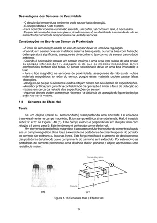 Desvantagens dos Sensores de Proximidade

   - O desvio da temperatura ambiente pode causar falsa detecção.
   - Susceptividade a ruído externo.
   - Para controlar corrente ou tensão elevada, um buffer, tal como um relê, é necessário.
   - Requer alimentação para energizar o circuito sensor. A confiabilidade é reduzida devido ao
   aumento do número de componentes na unidade sensora.

Considerações no Uso de um Sensor de Proximidade

   - A fonte de alimentação usada no circuito sensor deve ter uma boa regulação.
   - Quando um sensor deve ser instalado em uma área quente, ou numa área com flutuação
   de temperatura significante, assegure-se de escolher o tipo correto de sensor para o dado
   ambiente.
   - Quando é necessário instalar um sensor próximo a uma área com pulsos de alta tensão
   ou campos intensos de RF, assegure-se de que as medidas necessárias contra
   interferências tenham sido feitas. O sensor selecionado deve ter uma boa imunidade a
r ruído.
   - Para o tipo magnético se sensores de proximidade, assegure-se de não existir outros
m materiais magnéticos ao redor do sensor, porque estes materiais podem causar falsas
d detecções.
   - Assegure-se de que os sensores usados estejam dentro dos seus limites de especificações.
   - A melhor prática para garantir a confiabilidade da operação é limitar a faixa de detecção ao
   máxima em cerca da metade das especificações do sensor.
   - Algumas chaves podem apresentar histerese - a distância de operação do liga e do desliga
   pode não ser a mesma.

1-9      Sensores de Efeito Hall

Teoria

     Se um objeto (metal ou semicondutor) transportando uma corrente I é colocada
transversalmente no campo magnético B, um campo elétrico, chamado tensão Hall, é induzida
sobre “a” e “b” na Figura 1-16 (b). Este campo elétrico é perpendicular em direção tanto com
relação a I como para B. Este fenômeno é conhecido como efeito Hall.
     Um elemento de resistência magnética é um semicondutor transportando corrente colocado
em um campo magnético. Uma força é exercida nos portadores de corrente apesar do portador
de corrente ser elétrons ou lacunas livres. Esta força modificará o caminho de deslocamento
das portadoras de tal modo que o comprimento do caminho será extendido. Por este motivo as
portadoras de corrente percorrerão uma distância maior, portanto o objeto apresentará uma
resistência maior.




                  (a)                                 (b)

                            Figura 1-16 Sensores Hall e Efeito Hall


                                               19
 