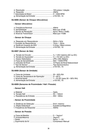 d. Resolução: ....................................................... 100 pulsos / rotação
  e. Resposta: ......................................................... 25kHz
  f. Velocidade do Motor: .......................................... 0 ~ 4500 RPM
  g. Alimentação de Entrada: .................................. ±15V DC, 1A

SU-6806 (Sensor de Choque Ultra-sônico)

  - Sensor Ultra-sônico

  a. Freqüência Nominal: ......................................... 40kHz
  b. Sensibilidade: ................................................... Mais que -67dB
  c. Banda de Recepção: ........................................ Aprox. 6kHz (-74dB)
  d. Nível do Transmissor: ....................................... Mais que 110dB

  - Sensor de Choque

  e. Resposta em Ressonância: ............................. 2kHz ± 1kHz
  f. Duração da Ressonância: ................................. 10ms ~ 30ms
  g. Saída em Impacto de 40G: ............................... 0.4Vpp / 56kΩ mínimo
  h. Alimentação de Entrada: .................................. ±15V DC, 1A

SU-6807 (Sensor de Gás)

  a. Tensão do Circuito: ........................................... VC = 24V máximo (AC ou DC)
  b. Tensão do Aquecedor: ...................................... V H = 5V (AC ou DC)
  c. Gases Detectados: ........................................... LPG, LNG, Metano
  d. Faixa de Sensibilidade: ..................................... 500 ~ 10000 PPM
  e. Indicador de Nível: ............................................. 10 Passo de Nível Selecionável
  f. Tipo de Sensor: ................................................. Tipo Semicondutivo
  g. Alimentação de Entrada: .................................. ±15V DC, 1A

SU-6808 (Sensor de Umidade)

  a. Faixa de Umidade: ............................................ 30 ~ 90% RH
  b. Faixa de Temperatura de Operação: ................ 0 ~ 60°C
  c. Nível de Saída: .................................................. 1 ~ 3V DC (para 30 ~ 90% RH)
  d. Alimentação de Entrada: .................................. ±15V DC, 1A

SU-6809 (Sensores de Proximidade / Hall / Pressão)

  - Sensor Hall

  a. Material: ............................................................ GaAs
  b. Tensão Hall: ...................................................... 55 ~ 140mV
  c. Resistência de Entrada: ................................... 450 ~ 900Ω

  - Sensor de Proximidade

  d. Distância de Detecção: .................................... 5mm máximo
  e. Objeto Detectável: ............................................ Substância Magnética
  f. Freqüência de Resposta: .................................. 500Hz

  - Sensor de Pressão

  g. Faixa de Medida: ............................................... 0 ~ 1kg/cm 2
  h. Entrada Máxima: ............................................... 2kg/cm2
  i. Saída: ................................................................. Aprox. 1 ~ 5V
  j. Suprimento de Ar: .............................................. Compressor Manual


                                                         36
 
