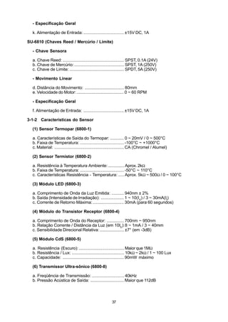 - Especificação Geral

  k. Alimentação de Entrada: ................................... ±15V DC, 1A

SU-6810 (Chaves Reed / Mercúrio / Limite)

  - Chave Sensora

  a. Chave Reed: ..................................................... SPST, 0.1A (24V)
  b. Chave de Mercúrio: ........................................... SPST, 1A (250V)
  c. Chave de Limite: ............................................... SPDT, 5A (250V)

  - Movimento Linear

  d. Distância do Movimento: .................................. 80mm
  e. Velocidade do Motor: ......................................... 0 ~ 60 RPM

  - Especificação Geral

  f. Alimentação de Entrada: ................................... ±15V DC, 1A

3-1-2 Características do Sensor

  (1) Sensor Termopar (6800-1)

  a. Características de Saída do Termopar: ............ 0 ~ 20mV / 0 ~ 500°C
  b. Faixa de Temperatura: ...................................... -100°C ~ +1000°C
  c. Material: ............................................................ CA (Chromel / Alumel)

  (2) Sensor Termistor (6800-2)

  a. Resistência à Temperatura Ambiente: .............. Aprox. 2kΩ
  b. Faixa de Temperatura: ...................................... -50°C ~ 110°C
  c. Características Resistência - Temperatura: ..... Aprox. 5kΩ ~ 500Ω / 0 ~ 100°C

  (3) Módulo LED (6800-3)

  a. Comprimento de Onda da Luz Emitida: ........... 940nm ± 2%
  b. Saída (Intensidade de Irradiação): .................... 1 ~ 10(I E) / 3 ~ 30mA(If)
  c. Corrente de Retorno Máxima: ........................... 30mA (para 60 segundos)

  (4) Módulo do Transistor Receptor (6800-4)

  a. Comprimento de Onda do Receptor: ............... 700nm ~ 950nm
  b. Relação Corrente / Distância da Luz (em 10IE):8 ~ 1mA / 3 ~ 40mm
  c. Sensibilidade Direcional Relativa: ..................... ±7° (em -3dB)

  (5) Módulo CdS (6800-5)

  a. Resistência (Escuro): ....................................... Maior que 1MΩ
  b. Resistência / Lux: ............................................. 10kΩ ~ 2kΩ / 1 ~ 100 Lux
  c. Capacidade: ..................................................... 90mW máximo

  (6) Transmissor Ultra-sônico (6800-8)

  a. Freqüência de Transmissão: ............................ 40kHz
  b. Pressão Acústica de Saída: ............................. Maior que 112dB




                                                          37
 