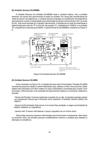 (8) Unidade Sensora SU-6808B)

     A Unidade Sensora de Umidade SU-6808B mede a umidade relativa, não a umidade
absoluta. Um sensor tipo semicondutor é usado na unidade. Por causa das características de
saída do sensor ser logarítmica, a unidade sensora emprega um amplificador anti-logarítmico
para linearizar a saída. A alimentação para polarização do sensor semicondutor é AC, ao invés
de DC. Este sinal senoidal AC é gerado internamente. A freqüência do sinal de polarização é
determinada pelo valor de “R” no circuito. Na posição “A”, a freqüência é 1000Hz, e na posição
“B” a freqüência é reduzida para 500Hz. O painel frontal do SU-6808B é mostrado na Figura 3-
8.




                           Figura 3-8 Unidade Sensora SU-6808B


(9) Unidade Sensora SU-6809

      Como mostrado na Figura 3-9, a Unidade Sensora Hall / Proximidade / Pressão SU-6809
consiste de pequenos objetos a serem detectados (aço, plástico e ímã) e dos sensores. Estes
objetos são colocados num disco rotativo no qual a velocidade é controlada pelo usuário. Com
tal arranjo, é fácil executar uma variedade de experimentos relativos a movimento, distância e
pressão.

  - Sensor de Pressão: O sensor resplonde a pressão de um gás. A pressão é gerada usando
  um compressor manual que é fornecido como acessório. A pressão máxima obtida é de
1 1kgf/cm2

  - Sensor de Proximidade: Este sensor é um sensor tipo oscilação, e reage a proximidade de
  objetos metálicos ou magnéticos.

  - Sensor Hall: O sensor Hall detecta o campo magnético de um ímã do disco.

     Todos estes sensores requerem alimentação para funcionarem corretamente. Além disso
os sensores Hall e de pressão possuem amplificadores internos à unidade para detectar a
alteração na resistência.




                                             44
 