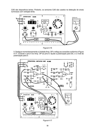 CdS são dispositivos lentos. Portanto, os sensores CdS são usados na detecção de sinais
luminosos com variação lenta.




                                      Figura 4-16

  5. Desligue momentaneamente a Unidade Amp. OP, e refaça as conexões conforme a Figura
  4-17. Conecte o pino 6 do Amp. OP ao pino 8. Ajuste a polarização para DC, e o nível de
  polarização para 0.




                                      Figura 4-17

                                           59
 