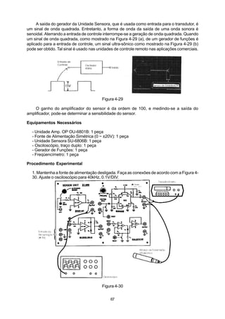 A saída do gerador da Unidade Sensora, que é usada como entrada para o transdutor, é
um sinal de onda quadrada. Entretanto, a forma de onda da saída de uma onda sonora é
senoidal. Aterrando a entrada de controle interrompe-se a geração de onda quadrada. Quando
um sinal de onda quadrada, como mostrado na Figura 4-29 (a), de um gerador de funções é
aplicado para a entrada de controle, um sinal ultra-sônico como mostrado na Figura 4-29 (b)
pode ser obtido. Tal sinal é usado nas unidades de controle remoto nas aplicações comerciais.




                                        Figura 4-29

    O ganho do amplificador do sensor é da ordem de 100, e medindo-se a saída do
amplificador, pode-se determinar a sensibilidade do sensor.

Equipamentos Necessários

  - Unidade Amp. OP OU-6801B: 1 peça
  - Fonte de Alimentação Simétrica (0 ~ ±20V): 1 peça
  - Unidade Sensora SU-6806B: 1 peça
  - Osciloscópio, traço duplo: 1 peça
  - Gerador de Funções: 1 peça
  - Freqüencímetro: 1 peça

Procedimento Experimental

  1. Mantenha a fonte de alimentação desligada. Faça as conexões de acordo com a Figura 4-
  30. Ajuste o osciloscópio para 40kHz, 0.1V/DIV.




                                        Figura 4-30


                                             67
 