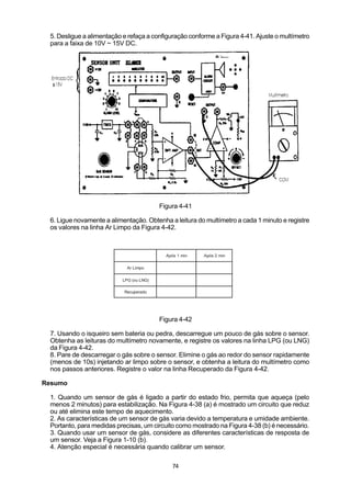 5. Desligue a alimentação e refaça a configuração conforme a Figura 4-41. Ajuste o multímetro
 para a faixa de 10V ~ 15V DC.




                                         Figura 4-41

 6. Ligue novamente a alimentação. Obtenha a leitura do multímetro a cada 1 minuto e registre
 os valores na linha Ar Limpo da Figura 4-42.



                                           Após 1 min   Após 2 min

                            Ar Limpo

                          LPG (ou LNG)

                           Recuperado




                                         Figura 4-42

 7. Usando o isqueiro sem bateria ou pedra, descarregue um pouco de gás sobre o sensor.
 Obtenha as leituras do multímetro novamente, e registre os valores na linha LPG (ou LNG)
 da Figura 4-42.
 8. Pare de descarregar o gás sobre o sensor. Elimine o gás ao redor do sensor rapidamente
 (menos de 10s) injetando ar limpo sobre o sensor, e obtenha a leitura do multímetro como
 nos passos anteriores. Registre o valor na linha Recuperado da Figura 4-42.

Resumo

 1. Quando um sensor de gás é ligado a partir do estado frio, permita que aqueça (pelo
 menos 2 minutos) para estabilização. Na Figura 4-38 (a) é mostrado um circuito que reduz
 ou até elimina este tempo de aquecimento.
 2. As características de um sensor de gás varia devido a temperatura e umidade ambiente.
 Portanto, para medidas precisas, um circuito como mostrado na Figura 4-38 (b) é necessário.
 3. Quando usar um sensor de gás, considere as diferentes características de resposta de
 um sensor. Veja a Figura 1-10 (b).
 4. Atenção especial é necessária quando calibrar um sensor.

                                              74
 