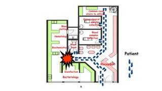 9
Blood
clotting
Hematology
Biochemistry
Wash
room
Bacteriology
Gynaecological
samples
collection
Blood
samples
collection
Common room,
stairs to offices
Disinfection
Patient
Reception
 